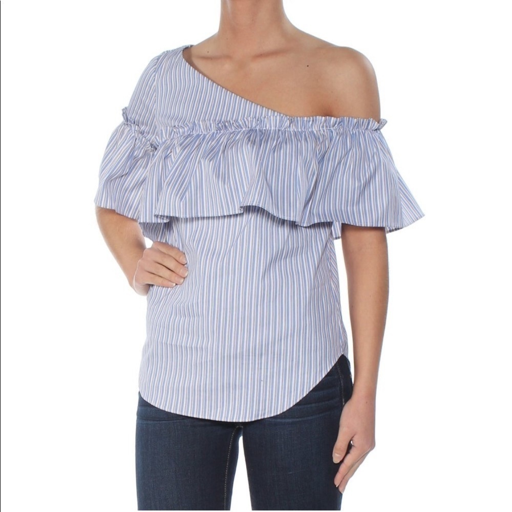 BAR III Ruffled Striped Asymetrical Neckline top
